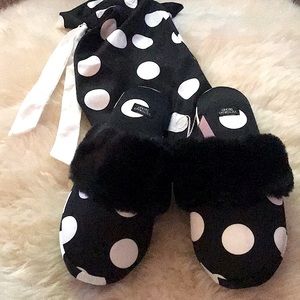 Victoria’s Secret Polka Dot Satiny Slippers w/Faux Fur Size 5/6. New Never Used